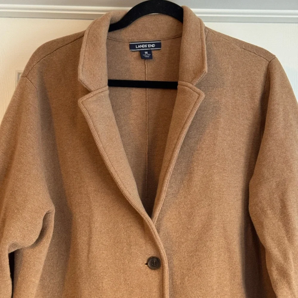 Lands' End Wool Cotton Blend Button Front Sweater Blazer in Camel 1X